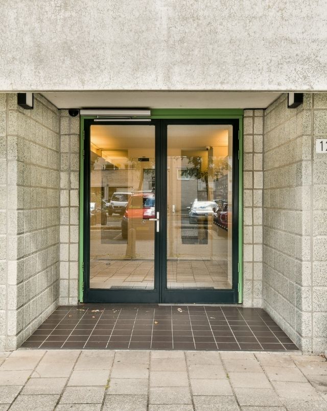 Modern Building Entrance with Glass Doors