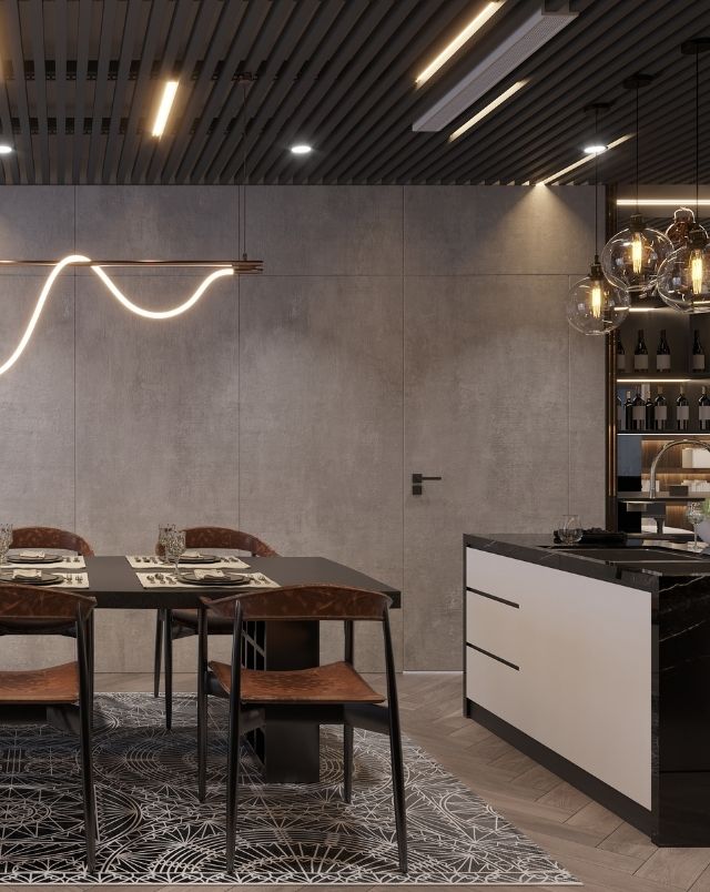 Modern Dining Area with Stylish Lighting and Contemporary Design