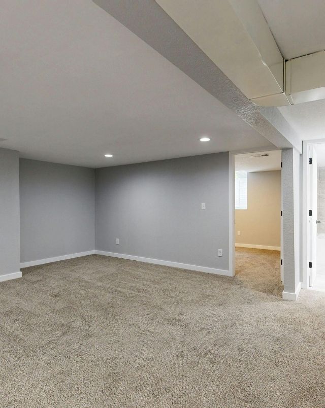 Spacious Basement Room with Carpet Flooring
