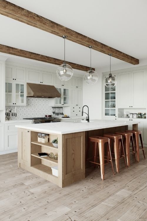 Traditional large L-shaped kitchen with large island and kitchen appliances. Kitchen interior with white cabinets and wooden island. 3D rendering